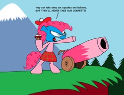 Size: 1776x1358 | Tagged: safe, artist:trc-tooniversity, pinkie pie, earth pony, pony, g4, braveheart, clothes, cupcake, female, food, hill, kilt, makeup, mare, movie parody, movie reference, ms paint, parody, party cannon, scotland, solo, standing
