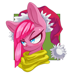 Size: 3000x3000 | Tagged: safe, artist:kaikoinu, artist:thepolymath, edit, pinkie pie, earth pony, pony, g4, blushing, bust, christmas, clothes, confident, cute, cuteamena, female, hat, high res, holiday, looking away, mare, pinkamena diane pie, portrait, santa hat, scarf, simple background, smiling, smirk, solo, white background