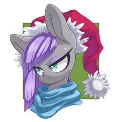 Size: 3000x3000 | Tagged: safe, artist:kaikoinu, artist:thepolymath, edit, maud pie, earth pony, pony, g4, blushing, bust, christmas, clothes, cute, female, hat, high res, holiday, looking away, mare, portrait, santa hat, scarf, simple background, solo, white background