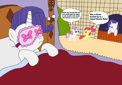 Size: 2337x1640 | Tagged: safe, artist:equestriaguy637, apple bloom, rarity, sweetie belle, g4, bed, bedroom, bow, brick wall, crossover, dialogue, dream, female, grumpy, parody, pillow, scene parody, sleep mask, sleeping, thomas the tank engine, tunnel