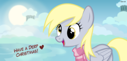 Size: 2250x1080 | Tagged: safe, artist:noah-x3, derpy hooves, pegasus, pony, g4, clothes, cloud, cloudsdale, cute, derpabetes, female, happy, heart, mare, merry christmas, open mouth, scarf, show accurate, sky, smiling, solo, sun