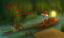 Size: 5000x3000 | Tagged: safe, artist:jh, meadowbrook, alligator, earth pony, pony, g4, boat, cajun ponies, christmas, cute, fake antlers, female, french, hat, hayseed swamp, hearth's warming, hearth's warming eve, holiday, lantern, lilypad, mare, meadowcute, sack, santa hat, solo, swamp, swamp ponies