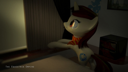 Size: 1600x900 | Tagged: safe, artist:aidelank, oc, oc only, oc:laura emund, pony, unicorn, 3d, 3ds max, bedroom, curtains, female, mare