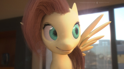 Size: 1920x1080 | Tagged: safe, artist:aidelank, fluttershy, g4, 3d, 3ds max, city, room, smiling, unintentionally creepy, window