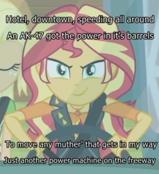 Size: 760x830 | Tagged: safe, edit, edited screencap, screencap, applejack, sunset shimmer, driving miss shimmer, equestria girls, equestria girls series, g4, car, clothes, craig conner, cropped, cutie mark, cutie mark on clothes, driving, driving miss shimmer: applejack, female, gangster friday (grand theft auto), geode of empathy, grand theft auto, gta 1, image macro, jewelry, joyride, magical geodes, meme, necklace, pendant, seatbelt, solo focus, song reference, steering wheel, text, text edit, vest