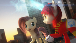 Size: 1920x1080 | Tagged: safe, artist:aidelank, fluttershy, oc, oc:laura emund, pegasus, pony, unicorn, g4, 3d, 3ds max, :p, city, clothes, eye contact, female, glasses, glowing horn, horn, looking at each other, magic, mare, open mouth, scarf, smiling, socks, tongue out