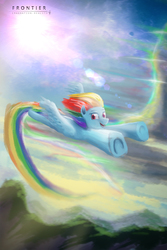 Size: 900x1350 | Tagged: safe, artist:aidelank, rainbow dash, pegasus, pony, g4, flying, smiling, sonic rainboom, sun