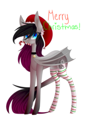 Size: 1024x1536 | Tagged: safe, artist:hyshyy, oc, oc only, oc:raven, bat pony, pony, bat pony oc, candy, candy cane, christmas, clothes, female, food, hat, holiday, mare, merry christmas, mouth hold, santa hat, simple background, socks, solo, striped socks, transparent background