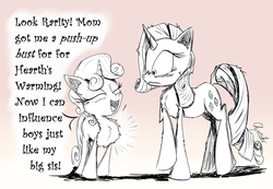 Size: 1969x1361 | Tagged: safe, artist:chopsticks, rarity, sweetie belle, pony, unicorn, g4, black and white, blank flank, blushing, cheek fluff, chest fluff, concerned, cutie mark, dialogue, female, filly, funny, grayscale, horn, humor, mare, monochrome, raised hoof, simple background, sisters, sketch