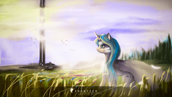 Size: 1920x1080 | Tagged: safe, artist:aidelank, oc, oc only, oc:candice, bird, pony, unicorn, building, cape, clothes, female, grass, grass field, mare, science fiction, smiling, solo, sun, tree