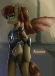 Size: 1500x2100 | Tagged: safe, artist:aidelank, oc, oc only, oc:aina, bat pony, armor, bipedal, female, mare, science fiction, spread wings, tower, wings