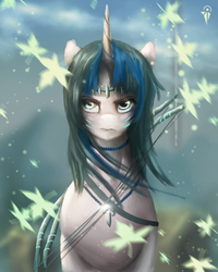 Size: 2000x2500 | Tagged: safe, artist:aidelank, oc, oc only, oc:candice, pony, unicorn, bow (weapon), choker, diadem, female, frown, high res, jewelry, leaves, mare, necklace, quiver, solo, tribal