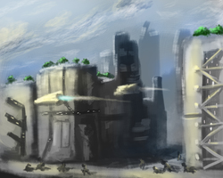 Size: 3000x2400 | Tagged: safe, artist:aidelank, pony, building, city, cloud, high res, science fiction, spaceship, tree