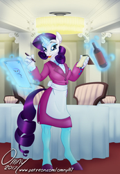 Size: 1000x1443 | Tagged: safe, artist:omny87, rarity, unicorn, anthro, unguligrade anthro, series:the serving six, g4, alcohol, apron, bottle, clothes, colored hooves, female, glowing horn, horn, magic, patreon, restaurant, shoes, solo, stockings, suit, telekinesis, thigh highs, tuxedo, waitress, wine, wine bottle