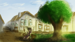 Size: 1920x1080 | Tagged: safe, artist:aidelank, pony, bench, cloud, grass, house, park, reading, road, scenery, sitting, solo, town, tree