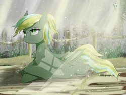 Size: 2400x1800 | Tagged: safe, artist:aidelank, oc, oc only, oc:aina, bat pony, chains, crepuscular rays, crossed arms, female, fence, forest, grass, lying down, mare, sunlight, tree