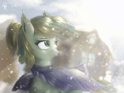 Size: 2400x1800 | Tagged: safe, artist:aidelank, oc, oc only, oc:aina, bat pony, pony, clothes, crepuscular rays, female, house, mare, scarf, snow, snowman, solo, sunlight