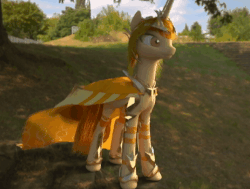 Size: 713x539 | Tagged: safe, artist:aidelank, oc, oc only, oc:queen salinas, alicorn, pony, 3d, 3ds max, animated, armor, cape, clothes, crown, fence, horn guard (armor), jewelry, regalia, smiling, tree