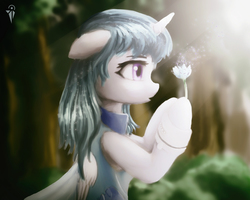 Size: 3000x2400 | Tagged: safe, artist:aidelank, oc, oc only, oc:bernice, alicorn, pony, clothes, crepuscular rays, cuff, female, floppy ears, flower, forest, high res, mare, solo, tree, vest