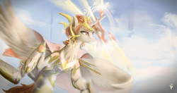 Size: 4096x2160 | Tagged: safe, artist:aidelank, oc, oc only, oc:queen salinas, alicorn, pony, armor, cape, clothes, cloud, crown, flying, jewelry, magic, peytral, ragalia, regalia, sky, structure, teeth, tower