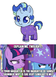 Size: 1296x1752 | Tagged: safe, edit, edited screencap, screencap, trixie, twilight sparkle, oc, oc:sparkling sapphire, alicorn, pony, unicorn, g4, no second prances, baby, baby pony, female, filly, image macro, magical lesbian spawn, meme, offspring, onesie, parent:sci-twi, parent:sunset shimmer, parent:twilight sparkle, parents:scitwishimmer, parents:sunsetsparkle, twilight sparkle (alicorn)