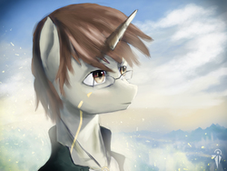 Size: 2400x1800 | Tagged: safe, artist:aidelank, oc, oc only, oc:lucas aimus, pony, unicorn, cloud, glasses, male, mountain, mountain range, solo, stallion