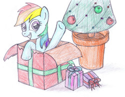 Size: 1280x990 | Tagged: safe, artist:m.w., rainbow dash, pegasus, pony, g4, christmas, christmas tree, cute, female, hearth's warming, holiday, mare, present, simple background, smiling, solo, traditional art, tree, waving, white background