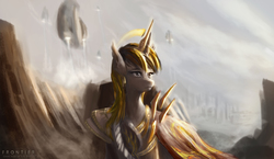 Size: 4138x2400 | Tagged: safe, artist:aidelank, oc, oc only, oc:queen salinas, alicorn, pony, armor, cape, city, clothes, crown, jewelry, regalia, science fiction, spaceship