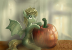 Size: 3000x2075 | Tagged: safe, artist:aidelank, oc, oc only, oc:aina, bat pony, pony, apple, chest fluff, female, food, high res, mare, small, solo, table