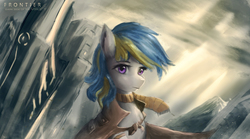 Size: 3304x1837 | Tagged: safe, artist:aidelank, oc, oc only, earth pony, pony, city, clothes, coat, crepuscular rays, female, mare, scarf, science fiction, solo