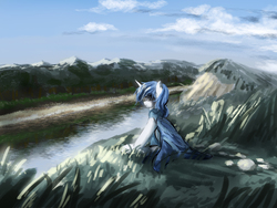 Size: 2400x1800 | Tagged: safe, artist:aidelank, oc, oc only, oc:bernice, alicorn, pony, cape, clothes, cloud, female, forest, grass, mare, mountain, river