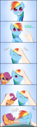 Size: 1296x4371 | Tagged: safe, artist:blinkingpink, rainbow dash, scootaloo, human, pony, g4, :3, behaving like a cat, cute, cutealoo, dashabetes, eyes closed, hand, hug, looking at you, never doubt blaa6 involvement, open mouth, petting, pony simulator, scootalove, smiling