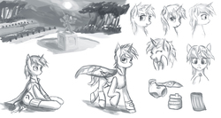 Size: 4496x2400 | Tagged: safe, artist:aidelank, oc, oc only, oc:bernice, alicorn, pony, cape, clothes, curious, female, happy, mare, park, sketch, smiling, statue, sun, tree, vest