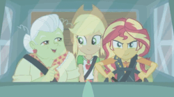 Size: 413x231 | Tagged: safe, screencap, applejack, granny smith, sunset shimmer, equestria girls, equestria girls series, g4, animated, clothes, driver, driving, female, truck