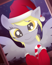 Size: 2503x3135 | Tagged: safe, artist:pedrohander, derpy hooves, pegasus, pony, g4, candy, candy cane, christmas, clothes, cute, female, food, hat, hearth's warming eve, high res, holiday, santa hat, socks, solo