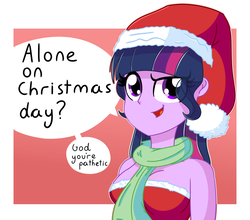 Size: 1331x1169 | Tagged: safe, artist:pastelhorses, sci-twi, twilight sparkle, human, equestria girls, g4, alone on a friday night? god you're pathetic, breasts, busty twilight sparkle, christmas, clothes, costume, female, hat, holiday, pathetic, santa costume, santa hat, solo