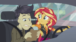Size: 448x251 | Tagged: safe, screencap, cranky doodle donkey, sunset shimmer, driving miss shimmer, driving miss shimmer: rarity, equestria girls, g4, my little pony equestria girls: better together, animated, car interior, clothes, driving, test