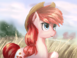 Size: 2400x1800 | Tagged: safe, alternate version, artist:aidelank, applejack, earth pony, pony, g4, alternate color palette, alternate hairstyle, barn, cowboy hat, female, grass field, hat, mare, solo, stetson