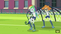 Size: 1280x720 | Tagged: safe, screencap, rainbow dash, scribble dee, equestria girls, fluttershy's butterflies, fluttershy's butterflies: rainbow dash, g4, my little pony equestria girls: better together, background human, football, sports, unamused