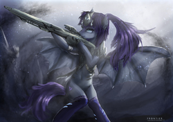 Size: 3937x2772 | Tagged: safe, artist:aidelank, oc, oc only, oc:erna, bat pony, pony, armor, bipedal, female, gun, high res, mare, ponytail, rifle, sniper rifle, solo, spread wings, weapon, wings