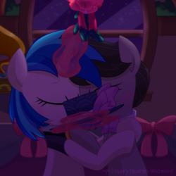 Size: 2500x2500 | Tagged: safe, artist:yaco, dj pon-3, octavia melody, vinyl scratch, earth pony, pony, unicorn, a hearth's warming tail, g4, bowtie, eyes closed, female, glowing horn, high res, horn, implied kissing, lesbian, magic, mare, night, ship:scratchtavia, shipping, telekinesis, victorian, victrola scratch