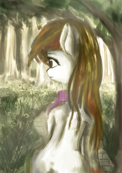 Size: 2480x3508 | Tagged: safe, artist:aidelank, oc, oc only, earth pony, pony, female, forest, grass, high res, lightning, mare, path, rear view, smiling, solo