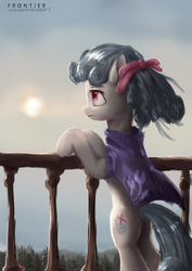 Size: 2480x3508 | Tagged: safe, artist:aidelank, oc, oc only, earth pony, pony, bipedal, bow, clothes, female, forest, high res, mare, railing, solo, sun, sweater, tree