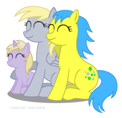 Size: 1425x1377 | Tagged: safe, artist:lonewolf3878, bubbles (g1), derpy hooves, dinky hooves, earth pony, pegasus, pony, unicorn, g1, g4, cute, eyes closed, family, female, foal, g1 to g4, generation leap, simple background, smiling, trio, trio female, white background