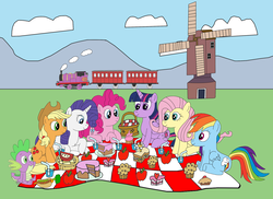 Size: 2337x1700 | Tagged: safe, artist:equestriaguy637, applejack, fluttershy, pinkie pie, rainbow dash, rarity, spike, twilight sparkle, alicorn, dragon, earth pony, pegasus, pony, unicorn, g4, apple, apple pie, basket, blanket, cake, carriage (railway), carrot, carrot dog, cloud, cupcake, currant bun, cutie mark, daffodil and daisy sandwich, drink, female, food, glass of water, male, mane six, muffin, picnic, picnic basket, picnic blanket, pie, sandwich, straw, train, twilight sparkle (alicorn), water, windmill