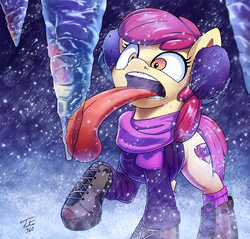 Size: 1200x1146 | Tagged: safe, artist:tsitra360, apple bloom, earth pony, pony, g4, boots, clothes, cutie mark, earmuffs, female, filly, icicle, impossibly long tongue, long tongue, open mouth, scarf, shoes, silly, silly pony, snow, snowfall, socks, solo, stalactite, stuck, teeth, tongue out, tongue stuck to pole