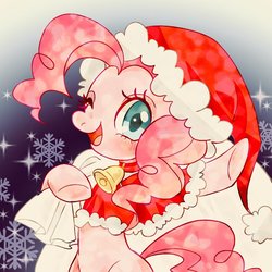 Size: 768x768 | Tagged: safe, artist:bbtasu, pinkie pie, earth pony, pony, g4, bell, christmas, collar, cute, diapinkes, female, hat, holiday, looking at you, mare, one eye closed, open mouth, santa hat, santa sack, smiling, snow, snowflake, wink