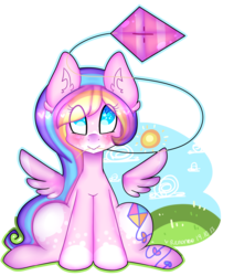 Size: 2500x2951 | Tagged: safe, artist:bunxl, oc, oc only, pegasus, pony, female, floating wings, high res, kite, mare, mouth hold, smiling, solo, starry eyes, wingding eyes