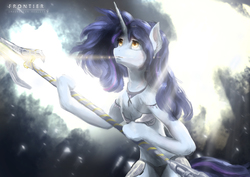 Size: 3508x2480 | Tagged: safe, artist:aidelank, oc, oc only, pony, unicorn, armor, bipedal, female, high res, mare, peytral, solo, spear, weapon