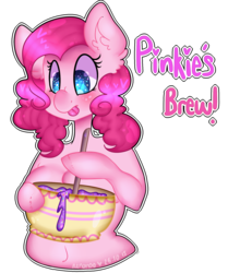 Size: 1611x1929 | Tagged: safe, artist:bunxl, pinkie pie, earth pony, anthro, g4, arm hooves, baking, big breasts, breasts, female, heart, heart eyes, mare, solo, tongue out, wingding eyes